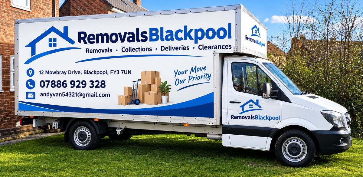 Removals Blackpool – AndyVan branded van. Removals, collections, deliveries and clearances. Call 07886 929 328